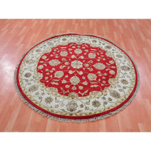 Load image into Gallery viewer, 6&#39;x6&#39; Caliente Red With Cloud White, Rajasthan Design All Over Pattern, Hand Knotted Thick and Plush, Wool and Silk, Round Oriental Rug FWR452172