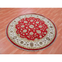 Load image into Gallery viewer, 6&#39;x6&#39; Caliente Red With Cloud White, Rajasthan Design All Over Pattern, Hand Knotted Thick and Plush, Wool and Silk, Round Oriental Rug FWR452172