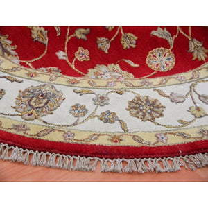 6'x6' Caliente Red With Cloud White, Rajasthan Design All Over Pattern, Hand Knotted Thick and Plush, Wool and Silk, Round Oriental Rug FWR452172