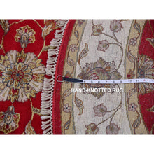 Load image into Gallery viewer, 6&#39;x6&#39; Caliente Red With Cloud White, Rajasthan Design All Over Pattern, Hand Knotted Thick and Plush, Wool and Silk, Round Oriental Rug FWR452172