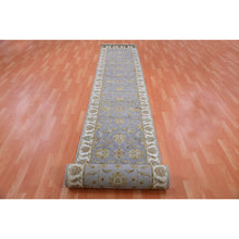 Load image into Gallery viewer, 2&#39;7&quot;x18&#39;8&quot; Santorini Blue With Swiss Coffee White Border, All Over Leaf Design, Rajasthan Hand Knotted Wool and Silk, Thick and Plush, Soft Pile, XL Runner Oriental Rug FWR452190