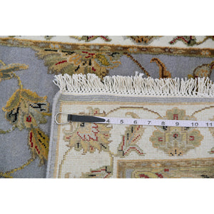 2'7"x18'8" Santorini Blue With Swiss Coffee White Border, All Over Leaf Design, Rajasthan Hand Knotted Wool and Silk, Thick and Plush, Soft Pile, XL Runner Oriental Rug FWR452190