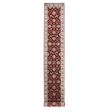 Load image into Gallery viewer, 2&#39;8&quot;x21&#39; Moroccan Red, Ivory Border, Thick and Plush, Rajasthan Design All Over Leaf Motifs, Wool and Silk, Hand Knotted XL Runner Oriental Rug FWR452208