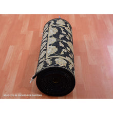 Load image into Gallery viewer, 2&#39;7&quot;x20&#39;2&quot; Kettle Black, Hand Knotted Thick and Plush Pile, Wool and Silk Rajasthan Design, All Over Leaf Motifs, XL Runner Oriental Rug FWR452214