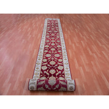 Load image into Gallery viewer, 2&#39;7&quot;x20&#39;4&quot; Ladybug Red And Dove White Border, Rajasthan Design All Over Leaf Motifs, Thick and Plush, Hand Knotted Wool and Silk, Soft Pile, XL Runner Oriental Rug FWR452220