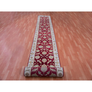 2'7"x20'4" Ladybug Red And Dove White Border, Rajasthan Design All Over Leaf Motifs, Thick and Plush, Hand Knotted Wool and Silk, Soft Pile, XL Runner Oriental Rug FWR452220