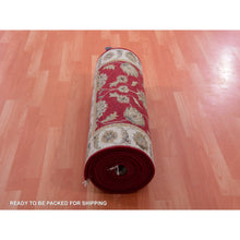 Load image into Gallery viewer, 2&#39;7&quot;x20&#39;4&quot; Ladybug Red And Dove White Border, Rajasthan Design All Over Leaf Motifs, Thick and Plush, Hand Knotted Wool and Silk, Soft Pile, XL Runner Oriental Rug FWR452220