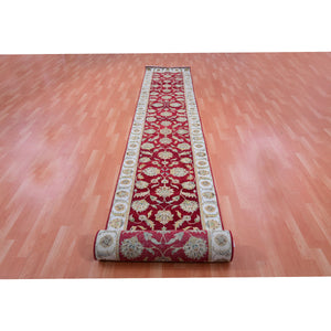 2'7"x20'4" Currant Red, Rajasthan Design and All Over Leaf Elements, Hand Knotted Wool and Silk, Thick and Plush Soft Pile, Oriental XL Runner Rug FWR452244