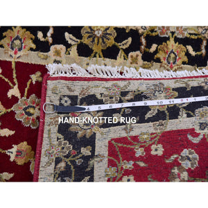 2'9"x12'3" Barn Red With Black Border, Wool and Silk Hand Knotted, Rajasthan All Over Leaf Design Thick and Plush, Runner Oriental Rug FWR452268