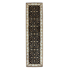 Load image into Gallery viewer, 3&#39;1&quot;x12&#39;2&quot; Pitch Black and Incredible White, Thick and Plush, Rajasthan Wool and Silk All Over Leaf Design, Hand Knotted Runner Oriental Rug FWR452286