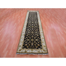 Load image into Gallery viewer, 3&#39;1&quot;x12&#39;2&quot; Pitch Black and Incredible White, Thick and Plush, Rajasthan Wool and Silk All Over Leaf Design, Hand Knotted Runner Oriental Rug FWR452286