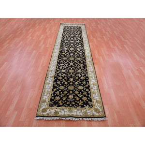 3'1"x12'2" Pitch Black and Incredible White, Thick and Plush, Rajasthan Wool and Silk All Over Leaf Design, Hand Knotted Runner Oriental Rug FWR452286