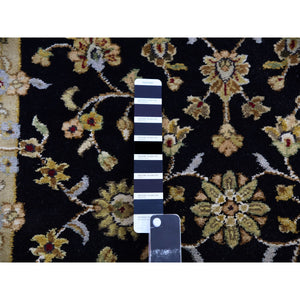 3'1"x12'2" Pitch Black and Incredible White, Thick and Plush, Rajasthan Wool and Silk All Over Leaf Design, Hand Knotted Runner Oriental Rug FWR452286