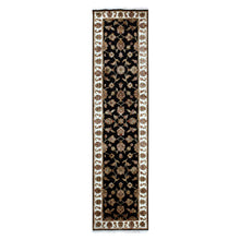 Load image into Gallery viewer, 2&#39;6&quot;x10&#39; Tricorn Black With High Reflective White Border, Wool and Silk Hand Knotted Rajasthan All Over Leaf Design Thick and Plush Runner Oriental Rug FWR452298