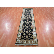 Load image into Gallery viewer, 2&#39;6&quot;x10&#39; Tricorn Black With High Reflective White Border, Wool and Silk Hand Knotted Rajasthan All Over Leaf Design Thick and Plush Runner Oriental Rug FWR452298