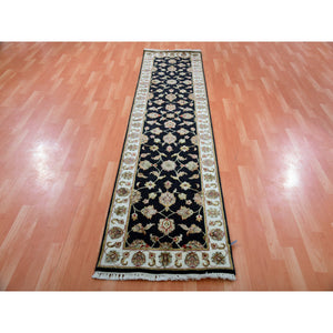 2'6"x10' Tricorn Black With High Reflective White Border, Wool and Silk Hand Knotted Rajasthan All Over Leaf Design Thick and Plush Runner Oriental Rug FWR452298