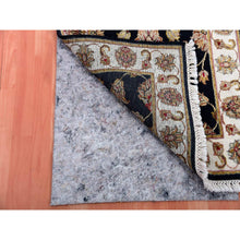 Load image into Gallery viewer, 2&#39;6&quot;x10&#39; Tricorn Black With High Reflective White Border, Wool and Silk Hand Knotted Rajasthan All Over Leaf Design Thick and Plush Runner Oriental Rug FWR452298