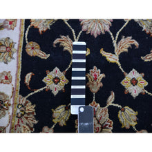 Load image into Gallery viewer, 2&#39;6&quot;x10&#39; Tricorn Black With High Reflective White Border, Wool and Silk Hand Knotted Rajasthan All Over Leaf Design Thick and Plush Runner Oriental Rug FWR452298