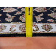 Load image into Gallery viewer, 2&#39;6&quot;x10&#39; Tricorn Black With High Reflective White Border, Wool and Silk Hand Knotted Rajasthan All Over Leaf Design Thick and Plush Runner Oriental Rug FWR452298