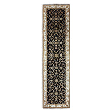 Load image into Gallery viewer, 3&#39;1&quot;x12&#39;2&quot; Caviar Black, Wool and Silk Rajasthan Design Thick and Plush, All Over Leaf Pattern, Hand Knotted Oriental Runner Rug FWR452304