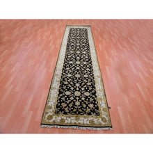 Load image into Gallery viewer, 3&#39;1&quot;x12&#39;2&quot; Caviar Black, Wool and Silk Rajasthan Design Thick and Plush, All Over Leaf Pattern, Hand Knotted Oriental Runner Rug FWR452304