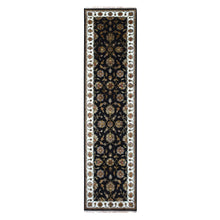 Load image into Gallery viewer, 2&#39;6&quot;x10&#39; Oyster Black, Hand Knotted Wool and Silk Rajasthan Design With All Over Leaf Motifs, Thick and Plush Oriental Runner Rug FWR452316