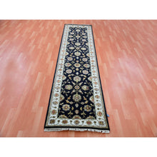 Load image into Gallery viewer, 2&#39;6&quot;x10&#39; Oyster Black, Hand Knotted Wool and Silk Rajasthan Design With All Over Leaf Motifs, Thick and Plush Oriental Runner Rug FWR452316