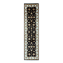 Load image into Gallery viewer, 2&#39;7&quot;x10&#39;3&quot; Smoky Black With Toque White, Rajasthan Leaf Design Silk and Wool, Hand Knotted Thick and Plush, Runner Oriental Rug FWR452322