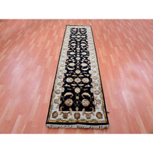 Load image into Gallery viewer, 2&#39;7&quot;x10&#39;3&quot; Smoky Black With Toque White, Rajasthan Leaf Design Silk and Wool, Hand Knotted Thick and Plush, Runner Oriental Rug FWR452322