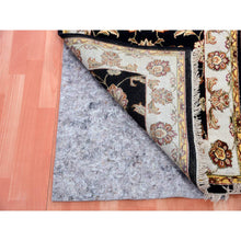 Load image into Gallery viewer, 2&#39;7&quot;x10&#39;3&quot; Smoky Black With Toque White, Rajasthan Leaf Design Silk and Wool, Hand Knotted Thick and Plush, Runner Oriental Rug FWR452322