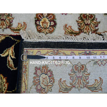 Load image into Gallery viewer, 2&#39;7&quot;x10&#39;3&quot; Smoky Black With Toque White, Rajasthan Leaf Design Silk and Wool, Hand Knotted Thick and Plush, Runner Oriental Rug FWR452322