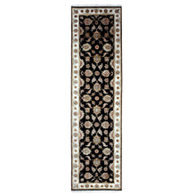 Load image into Gallery viewer, 2&#39;7&quot;x9&#39;10&quot; Licorice Black and Alabaster White, Thick and Plush Wool and Silk, Hand Knotted Rajasthan All Over Leaf Design, Runner Oriental Rug FWR452328