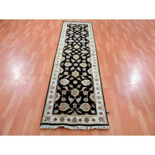 Load image into Gallery viewer, 2&#39;7&quot;x9&#39;10&quot; Licorice Black and Alabaster White, Thick and Plush Wool and Silk, Hand Knotted Rajasthan All Over Leaf Design, Runner Oriental Rug FWR452328