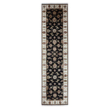 Load image into Gallery viewer, 2&#39;6&quot;x9&#39;10&quot; Raisin Black With Ivory Border, Hand Knotted Rajasthan Design Wool and Silk With All Over Leaf Pattern, Thick and Plush, Runner Oriental Rug FWR452334