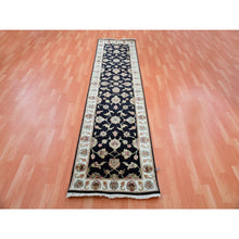 Load image into Gallery viewer, 2&#39;6&quot;x9&#39;10&quot; Raisin Black With Ivory Border, Hand Knotted Rajasthan Design Wool and Silk With All Over Leaf Pattern, Thick and Plush, Runner Oriental Rug FWR452334