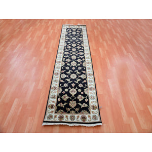 2'6"x9'10" Raisin Black With Ivory Border, Hand Knotted Rajasthan Design Wool and Silk With All Over Leaf Pattern, Thick and Plush, Runner Oriental Rug FWR452334