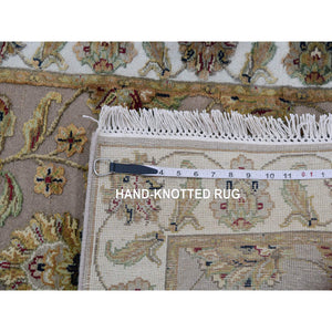 2'6"x10'1" Amphora Brown and Daisy White, Rajasthan Wool and Silk Leaf Design, Thick and Plush, Hand Knotted Runner Oriental Rug FWR452352