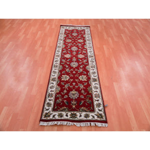 2'6"x8'2" Heritage Red, Thick and Plush, Wool and Silk Soft Pile, Hand Knotted, Rajasthan, All Over Design, Oriental, Runner Rug FWR452358