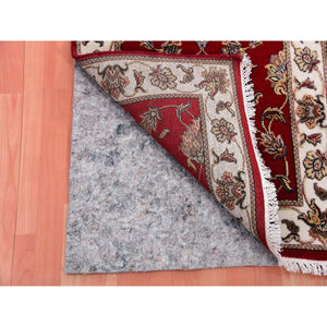 2'6"x8'2" Syrah Red With Silky White, Rajasthan Hand Knotted All Over Leaf Pattern, Thick and Plush, Oriental Wool and Silk Runner Rug FWR452394