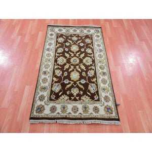 3'x5'1" Breen Brown, Hand Knotted Wool and Silk, Rajasthan With All Over Leaf Design, Thick and Plush, Oriental Rug FWR452400