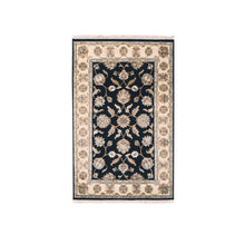 Load image into Gallery viewer, 3&#39;x5&#39;1&quot; Pitch Black With Grant Beige, Wool and Silk, Rajasthan with All Over Leaf Design, Hand Knotted, Thick and Plush Oriental Rug FWR452430