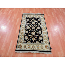 Load image into Gallery viewer, 3&#39;x5&#39;1&quot; Pitch Black With Grant Beige, Wool and Silk, Rajasthan with All Over Leaf Design, Hand Knotted, Thick and Plush Oriental Rug FWR452430