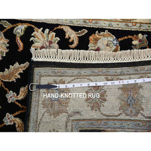 3'x5'1" Pitch Black With Grant Beige, Wool and Silk, Rajasthan with All Over Leaf Design, Hand Knotted, Thick and Plush Oriental Rug FWR452430