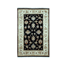 Load image into Gallery viewer, 3&#39;x4&#39;9&quot; Grease Black, Rajasthan All Over Leaf Design, Thick and Plush, Soft Pile, Hand Knotted Wool and Silk, Oriental Rug FWR452436