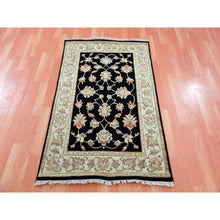 Load image into Gallery viewer, 3&#39;x4&#39;9&quot; Grease Black, Rajasthan All Over Leaf Design, Thick and Plush, Soft Pile, Hand Knotted Wool and Silk, Oriental Rug FWR452436