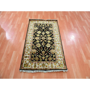 3'x5'2" Slate Black and Dove White, Thick and Plush Soft Pile, Hand Knotted Wool and Silk, Rajasthan Design With All Over Leaf Motifs, Oriental Rug FWR452448