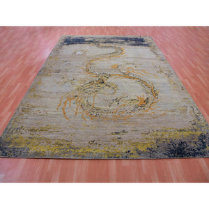 9'x12'2" Parchment Beige with Honey Gold, Antique Chinese Inspired, Dragon Design, 100% Wool, Hand Knotted, Oriental Rug FWR452484