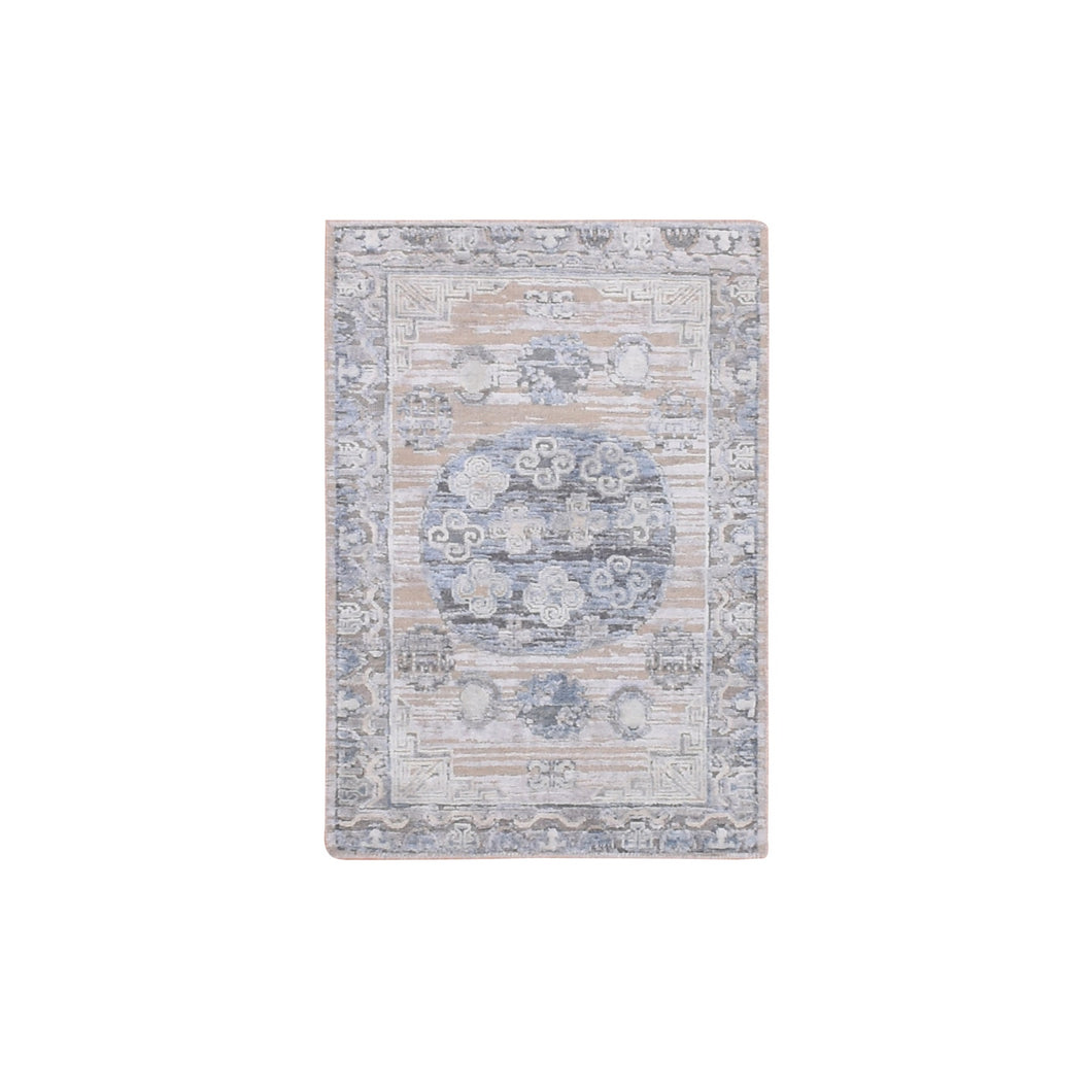 2'x3' Warm Gray, Hand Knotted Khotan Design, Silk with Textured Wool, Oriental Mat Rug FWR452598