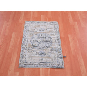 2'x3' Warm Gray, Hand Knotted Khotan Design, Silk with Textured Wool, Oriental Mat Rug FWR452598