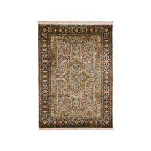 Load image into Gallery viewer, 4&#39;1&quot;x6&#39;1&quot; Tobacco Brown, Hand Knotted Genuine Kashmir All Over Design, Intricate Pattern, 100% Silk, 400 KPSI, Dense Weave, Oriental Rug FWR452622